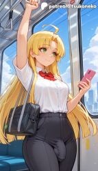 1futa 2026 ahoge ai_assisted ai_generated anime artist_name asia_argento bag blonde_hair breasts bulge cellphone explicit futa_only futanari green_eyes hi_res high_quality high_resolution high_school_dxd highres holding_phone light-skinned_futa long_hair patreon patreon_username penis phone school_bag see-through smartphone solo stable_diffusion train_interior tsukoneko watermark