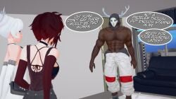 1boy 20th_century_studios 2girls arrancon black_hair black_hair_female dark-skinned_male dialogue disney half-dressed height_difference long_hair long_hair_female marvel marvel_cinematic_universe red_highlights ruby_rose rwby shirtless viz_media weiss_schnee white_fang white_fang_(rwby) white_fang_member white_hair white_hair_female