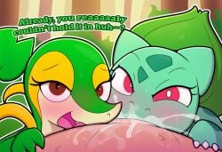 ai_generated ambiguous_gender anthro blush bodily_fluids bulbasaur elemental_creature english_text eyelashes faceless_character faceless_male felid fellatio female feral first_person_view flora_fauna generation_1_pokemon generation_5_pokemon genital_fluids genitals green_body group group_sex hellsonger hi_res human human_on_feral interspecies leaf licking looking_at_viewer male male/ambiguous male/female male_on_feral male_pov mammal narrowed_eyes nintendo open_mouth oral penile penis plant pokemon pokemon_(species) pokephilia red_eyes reptile saliva scalie sex snivy sweat text tongue tongue_out vines zoophilia