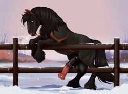 absurd_res amber_eyes animal_genitalia animal_penis balls bedroom_eyes black_body black_fur bodily_fluids candy candy_cane dessert equid equine equine_genitalia equine_penis erection fence feral food fur genital_fluids genitals grey_body grey_fur hi_res horse kael_(beleynn) leaking_precum male mammal narrowed_eyes orange_body orange_fur outside penis precum seductive snow solo velvet_requiem