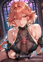 1boy ai_generated anime beads changli_(wuthering_waves) dark-skinned_male dark_skin faceless_male female from_side gloves handjob head_out_of_frame illustration interracial large_breasts lewdrune long_hair ntr orange_hair penis red_eyes teasing veiny_penis very_dark_skin window wuthering_waves