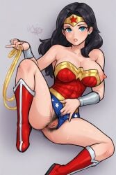 1girl ai_assisted ai_generated amazon blue_eyes breasts dark_hair dc dc_comics diana_prince female female_only hairy_pussy lasso lasso_of_truth leotard leotard_aside light_skin nipple_slip princess red_boots solo solo_female superhero_costume superheroine themysciran tiara wonder_woman wonder_woman_(series)