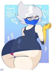 1girls air_man back_view big_ass big_booty big_butt black_dress blue_mask fat_ass female female_only genderswap genderswap_(mtf) grey_hair heart_symbol mega_man mega_man_(classic) nocklepie red_panties rule_63 sparkles yellow_eyes yellow_gloves