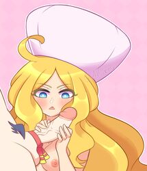 1boy 1girls alfwenx areolae blonde_hair blue_eyes blush breasts caitlin_(pokemon) erect_penis female handjob hat long_hair nintendo nipples penis pink_background pokemon pokemon_bw pubic_hair ribbon veiny_penis