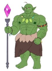 1boy bald body_hair brown_hair crystal fangs green_skin hornbunxx humanoid looking_at_viewer male male_only muscular muscular_male neutral_expression orange_eyes orc orc_male original original_character pointy_ears self_upload simple_background simple_coloring solo solo_male staff tribal_clothing