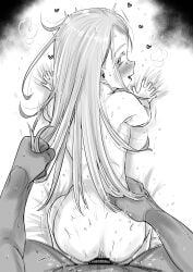 1boy 1girls absurdres adult_and_teenager adult_on_young age_difference all_fours anus ass blonde_eyelashes blonde_hair blush butt commentary_request completely_nude cute deep_penetration doggy_style eye_contact female gakuen_idolmaster grabbing_another's_hair greyscale hair_clips hairclip heart highres holding_another's_hair idolmaster innocent kaiman_garupan light-skinned_female long_hair looking_back monochrome nude older_on_younger orange_eyes pale-skinned_female petite pov sex sex_from_behind shinosawa_hiro skinny slim small_ass solo_focus straight teenager vaginal_penetration young