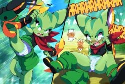 1girls anthro black_gloves black_nose blush carol_tea cat_ears cat_humanoid cat_tail embarrassed english_text euf euf-dreamer fingerless_gloves freedom_planet furry furry_female green_eyes green_fur high_resolution highres panties red_scarf scarf tears text thighs wildcat