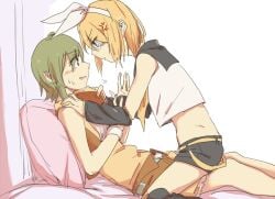 2girls anger_vein angry artist_request black_sailor_collar black_shorts blonde_hair blue blush bow clothes_grab collar_grab cowgirl_position female female_only green_eyes green_hair green_vest gumi hairband hairbow kagamine_rin looking_at_another megpoid_gumi motion_lines multiple_girls neckerchief neckwear_grab sailor_collar shirt short_hair shorts straddling sweatdrop synthesizer_v vest vocaloid white_bow white_hairband white_shirt wlw yellow_eyes yellow_hair yellow_neckerchief yuri