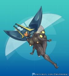 areola arthropod arthropod_abdomen beetle black_body black_skin blue_hair breasts dex_appeal female flying generation_7_pokemon glowing glowing_eyes glowing_nipples hair hi_res humanoid insect_wings insects monster_girl_(genre) nintendo nipples nude pokemon pokemon_(species) pokemorph solo vikavolt wings