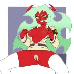 1girls blue_hair demon female female_only female_pubic_hair flashing flashing_breasts kerotheklutz looking_at_viewer panty_&_stocking_with_garterbelt pubic_hair scanty_daemon solo solo_female solo_focus spread_legs vagina