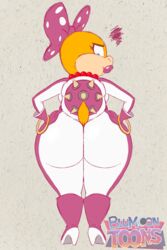 1girls 2017 annoyed anthro ass big_ass blu3danny bow clothing darkmoontoons female female_only full_body hi_res highres huge_ass jumpsuit large_ass looking_at_ass looking_back mario_(series) mario_kart nintendo shortstack simple_background skin_tight solo squiggle standing wendy_o._koopa wide_hips yellow_body yellow_skin