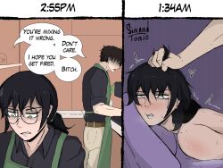 arguing artist_name blush comic_strip completely_nude doggy_style dominant_male english_text eyes_rolling_back face_down_ass_up face_in_pillow glasses hand_on_head hate_sex loving_it oddly_wholesome on_bed original_characters pinned_down pounding pulling_hair sinandtonic_(artist) talking_to_partner twitch_lines wholesome workplace