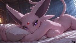 ai_generated anthro bed bedroom breasts close-up dutch_angle espeon eyebrows eyelashes eyeshadow female hugging_pillow inside looking_at_viewer looking_pleasured lying lying_on_bed on_front pillow pokemon pokemon_(species) solo tail