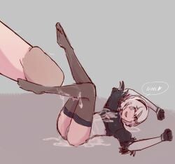 1girls bilefangz clothing covered_in_cum cum english_text erect_penis erection female giant giant_male hairband light-skinned_female light_skin nier nier:_automata penis short_hair shrunk shrunken_female size_difference text white_hair yorha_2b yorha_9s