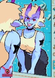 1girls 2d 2d_(artwork) angry_expression arm_tattoo arms_down artist_logo artist_signature back_view background big_breasts big_thighs black_pants blue_background blue_body blue_skin brat breasts choker cleavage crop_top cropped_legs ditchu ditchuart_(sfw) earrings feet_out_of_frame female freckles front_view gradient_horns heart_tail horns leaning looking_at_viewer loose_clothes mendes_(oc) mirror mirror_reflection no_bra nose_piercing pants pink_tongue pixel_(artwork) pixel_art pixelated playful_smile pointy_ears prancing red_eyes sexy sexy_pose short_hair skinny skinny_female sleeveless smile solo solo_female solo_focus star_tattoo tagme tail teeth teeth_showing teeth_visible thighs tongue tongue_out white_hair