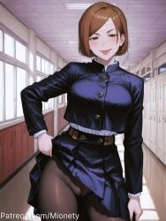 :p ai_generated artist_name belt black_belt black_jacket black_pantyhose black_skirt blue_jacket blue_skirt blush bob_cut breasts brown_belt brown_eyes brown_hair brown_pantyhose buttons cameltoe clothes_lift cowboy_shot cropped_jacket female gakuran hair_behind_ear half-closed_eyes hand_on_own_hip indoors jacket jujutsu_kaisen jujutsu_tech_uniform kugisaki_nobara large_breasts lifting_own_clothes long_sleeves looking_at_viewer medium_breasts miniskirt mionety naughty_face no_panties open_mouth panties panties_under_pantyhose pantyhose parted_bangs patreon_username pleated_skirt school_uniform shirt short_hair skirt skirt_lift smile smug solo standing swept_bangs thighband_pantyhose thighs tongue tongue_out underwear window