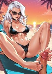 1girls abs ai_generated arms_behind_back artifactglitch beach beach_towel big_ass big_breasts big_penis black_bikini black_cat_(marvel) black_toenails blue_eyes butt_crack cameltoe chocker feet feet_on_penis felicia_hardy female footjob furrowed_brow hips legs legs_apart legs_up lipstick long_hair marvel nipples nipples_visible_through_clothing on_beach panties pussy shoulders smile spider-man_(series) sunglasses sunset thick_thighs tinted_eyewear toes veiny_penis watermark wavy_hair white_hair