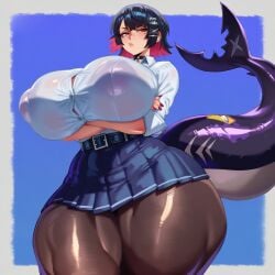 1girls ai_generated ai_virelune_(yi) areolae areolae_visible_through_clothing arms_crossed arms_crossed_under_breasts beauty_mark beauty_mark_under_eye black_hair breasts choker colored_nails ellen_joe female female_only huge_breasts kemonomimi large_breasts nipples nipples_visible_through_clothing painted_nails pale-skinned_female pale_skin red_eyes school_uniform schoolgirl shark_girl shark_tail skirt stockings teenage_girl teenager thick_thighs two-tone_hair wide_hips zenless_zone_zero