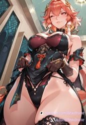 ai_generated anime beads changli_(wuthering_waves) female from_below gloves illustration large_breasts lewdrune long_hair orange_hair red_eyes skirt_lift solo solo_focus wink wuthering_waves