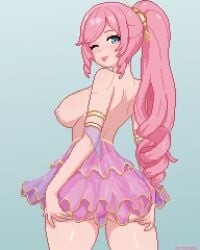 olivia_monroe indie_virtual_youtuber virtual_youtuber looking_at_viewer looking_back teasing winking_at_viewer wink tongue_out topless big_breasts pixel_art nipples skirt touching_ass ass_lift pink_hair ponytail astridson