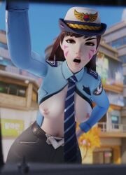 1girls 3d blizzard_entertainment breasts breasts_out brown_eyes brown_hair d.va face_markings female female_focus female_only looking_at_viewer medium_breasts navel nipples officer open_mouth open_shirt overwatch pale-skinned_female pale_skin police police_officer_d.va police_uniform policewoman solo tie yakinowo