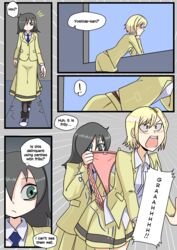 2girls accidental_wedgie black_hair blonde_hair blush brown_eyes clothing comic embarrassed female female_only female_protagonist frilled_panties green_eyes japanese_text kuroki_tomoko open_mouth panties panty_pull pink_panties school school_uniform schoolgirl shocked skirt tsuchihara_ watashi_ga_motenai_no_wa_dou_kangaetemo_omaera_ga_warui! wedgie yellow_clothing yoshida_masaki