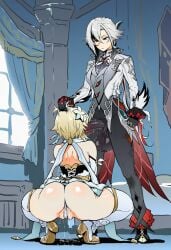 ai_generated arlecchino_(genshin_impact) back_view cameltoe futanari genshin_impact leaking_pussy_juice lumine_(genshin_impact) novelai pussy_bulge separated_legs squatting user96gmg