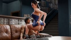 1boy 3d ahe_gao aroused ass_focus athletic_female big_ass blender blue_dress chitose_fujinomiya cleavage couch cowgirl_position curvy female female_on_top from_behind halterneck highres huge_ass ichiban_kasuga indoors large_breasts like_a_dragon_(series) like_a_dragon_infinite_wealth living_room looking_back muscular_male open_mouth orgasm penetration ponytail realistic riding seductive_reina seductive_smile sex short_dress staircase straddling straight sweat thick_thighs vaginal_penetration