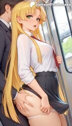 1boy 1futa 2026 ai_assisted ai_generated anime artist_name asia_argento ass ass_grab big_ass blonde_hair booty chikan duo explicit formal futanari green_eyes hi_res high_quality high_resolution high_school_dxd highres long_hair male_on_futa multiple_penises necktie panties patreon patreon_username penis skirt stable_diffusion suit train_interior tsukoneko underwear watermark white_panties white_shirt
