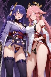 2female 2girls ai_assisted ai_generated batman batman_(cosplay) batman_(series) breasts crossover dc dc_comics flashing flashing_panties genshin_impact hair_ornament kimono kimono_lift kimono_pull lifting looking_at_viewer panties pink_ears pink_hair purple_eyes purple_hair raiden_shogun sexy soaked superman superman_(cosplay) superman_(series) superman_logo themed_clothes thick_thighs thighs thong tongue tongue_out wet wet_panties white_outfit yae_miko yokai