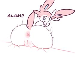 anus ass catedging eeveelution female generation_6_pokemon genitals hi_res nintendo pokemon pokemon_(species) pokemon_only presenting presenting_anus simple_background solo sylveon text vulva white_background