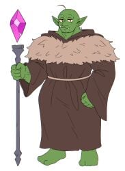 1boy bald brown_hair crystal fangs green_skin hornbunxx humanoid looking_at_viewer male male_only muscular muscular_male neutral_expression orange_eyes orc orc_male original original_character pointy_ears robe self_upload simple_background simple_coloring solo solo_male staff