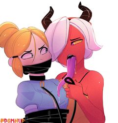 bondage bound brawl_stars captured colette_(brawl_stars) collar defeat defeated demon demon_girl demon_horns dsmnup forced forced_yuri hair_over_one_eye horn horns leash leash_and_collar long_tongue piper_(brawl_stars) rape red_skin saliva tongue_out trixie_colette_(brawl_stars) white_hair white_skin yellow_hair yellow_sclera