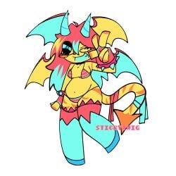 bikini blue_eyes blue_sclera blue_teeth demon_girl demon_tail female fingerless_gloves horns orange_markings original_character peace_sign red_hair st1ckytw1g thick_thighs tr3ebranch wings_on_head wink yellow_body