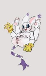 absurd_res anthro anus belly breasts clitoris clothing digimon digimon_(species) feet female flexible gatomon genitals gesture gloves handwear hi_res kentuckiyucki legs_behind_head legs_up nipples paws presenting pussy shortstack smile solo thick_thighs waving