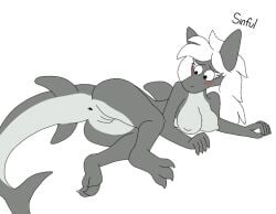 after_transformation anthro anus black_bottomwear black_clothing black_pants bottomwear brown_hair changed_(video_game) clothing duo female fish forced forced_transformation gender_transformation genitals goo_transformation grey_body hair heart_symbol human latex latex_transformation lin_(changed) male male/female mammal marine mtf_transformation nude pants shark sinful_drawz the_shark_(changed) tiger_shark_(changed) transformation vaginal_penetration white_body