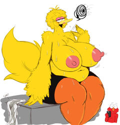 anthro areola avian big_bird big_breasts bird breasts duo elmo erect_nipples female huge_breasts male muppetnipples muppets rule_63 sesame_street slightly_chubby sssonic2 sweat