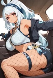 ahoge ai_generated armpits ass bangs bare_shoulders black_gloves black_jacket black_shorts braid breasts, car_interior choker crop_top dark-skinned_female dark_skin female fishnet_pantyhose fishnets genshin_impact gloves hairband halterneck jacket large_breasts long_hair long_sleeves looking_at_viewer micro_shorts midriff minus5 mualani_(genshin_impact) navel off_shoulder open_clothes open_jacket pantyhose ponytail red_eyes shirt short_shorts shorts skindentation sleeveless sleeveless_shirt solo stomach thigh_strap thighs white_hair
