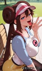 ai_art ai_generated brown_hair fellatio_gesture large_ass large_breasts naughty_face outdoors park pokemon pokemon_bw rosa_(pokemon) sitting zenithai