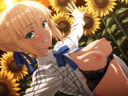 ahoge ai_assisted ai_generated artoria_pendragon artoria_pendragon_(all) bangs blonde_hair blue_ribbon blue_sky blush bra breasts cleavage cloud dutch_angle eyebrows_visible_through_hair fate/grand_order fate_(series) female field fingernails flower_field green_eyes hair_between_eyes hair_bun hair_ribbon looking_at_viewer medium_breasts nail_polish nipples open_clothes outdoors reaching_out saber shiny_hair shirt short_hair sky smile sunflower sunlight underwear upper_body yellow_flower