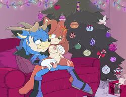 1girls anthro balls blue_body blush breast_grab breasts brown_body cervid chair_position christmas clothing detailed_background duo erection eulipotyphlan face_grab female female_on_top female_penetrated from_behind_position furniture genitals hand_on_breast hedgehog hi_res holidays horn legwear love male male_penetrating male_penetrating_female mammal nipples nude peachyowlnights penetration penis plant pussy sex smile sofa sonic_(series) sonic_the_hedgehog_(series) spread_legs spreading stockings straight tree vaginal_penetration