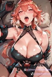 ai_generated beads blush breasts changli_(wuthering_waves) cleavage dominant female gloves horny implied_sex large_breasts lewdrune long_hair looking_at_viewer lying on_back open_mouth orange_hair out-of-frame_censoring red_eyes solo sweat tongue tongue_out wuthering_waves