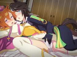 2girls absurdres animal_ears anime_coloring artist_name bed bedroom black_hair blue_eyes blush clothed clothed_sex eufoniuz female female/female female_only fingering fingering_partner fingering_through_clothes fingering_through_panties fuji_kiseki_(shooting_star_revue)_(umamusume) fuji_kiseki_(umamusume) highres horse_ears horse_girl horse_tail indoors multiple_girls open_mouth orange_hair panties purple_eyes t.m._opera_o_(o_sole_suo!)_(umamusume) t.m._opera_o_(umamusume) tail through_clothes tomboy umamusume wet wet_panties wet_pussy yuri