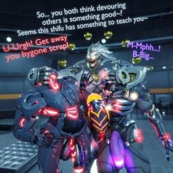 1:1 3d_(artwork) anthro balls banyue_(zenless_zone_zero) big_penis blizzard_entertainment digital_media_(artwork) empty_eyes english_text erection felid genitals glowing glowing_eyes glowing_genitalia glowing_penis grey_hair grey_tail group hair hand_on_another's_head hand_on_head hi_res huge_cock humanoid hyper hyper_genitalia hyper_penis lion machine male malunisisos mammal marvel marvel_rivals metallic_body mihoyo nude nude_anthro nude_humanoid nude_male omnic overwatch pantherine penis ramattra robot robot_anthro robot_humanoid tail text trio ultron zenless_zone_zero