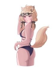 animal_ears ass bangs bikini black_bikini blonde_hair blush breasts cowboy_shot eyebrows_visible_through_hair eyewear_on_head female from_behind hair_ornament looking_at_viewer looking_back solo squchan_(vtuber) striped sunglasses swimsuit tail vertical_stripes vyugen