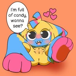 1:1 2026 animate_inanimate anthro anus blush blush_lines blushcrunch_studio body_blush colored dandy's_world digital_drawing_(artwork) digital_media_(artwork) feet female foot_fetish genitals heart_symbol holding_legs_up living_pinata looking_at_viewer lucky_luxio lying on_back open_mouth pinata roblox shaded smile soles solo speech_bubble teeth text vulva vulva_blush yatta_(dandy's_world)