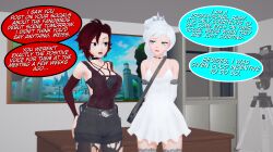 20th_century_studios 2girls arrancon black_hair black_hair_female blue_eyes clothed_female dialogue disney dress long_hair long_hair_female marvel marvel_cinematic_universe red_highlights ripped_pants ruby_rose rwby scar_across_eye silver_eyes viz_media weiss_schnee white_hair white_hair_female