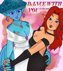 2girls anthro artist_name ass black_clothing black_dress blue_skin blue_skinned_female blush breasts breasts_focus breasts_grab butt_focus butt_grab clockwise_works clothed clothed_female clothing english english_commentary english_text female female_only female_zora females females_only fish_girl fishgirl grabbing_another's_ass grabbing_another's_breasts grabbing_ass grabbing_breasts hand_on_breast hand_on_butt hylian imminent_sex jewelry lesbian_couple light-skinned_female light_skin lipstick looking_at_someone looking_at_viewer malon monster_girl nintendo ocarina_of_time open_back_dress open_chest open_chest_clothing open_chest_dress open_clothes open_clothing open_dress princess princess_ruto revealing_clothes see-through see-through_clothes see-through_clothing text the_legend_of_zelda the_legend_of_zelda:_ocarina_of_time white_clothing white_dress yuri zora