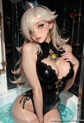 ai_generated bare_shoulders bathtub black_one-piece_swimsuit blonde_hair blue_eyes blush breasts cleavage clothing_cutout covered_navel crown earrings female female_only hair_over_one_eye hand_on_own_chest highleg highleg_swimsuit jewelry large_breasts lips long_hair looking_at_viewer one-piece_swimsuit patreon_username princess_rosalina shiny shiny_skin showering solo star_\\\\\\\\(symbol\\\\\\\\) star_earrings swimsuit water wet