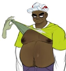 annoyed big_belly fat_male fully_clothed gorillaz hairy_belly man_boobs mawile123 moobs murdoc_niccals nipples pepperoni_nipples pissed_off russel_hobbs shirt_lift shirt_lifted_by_another trail